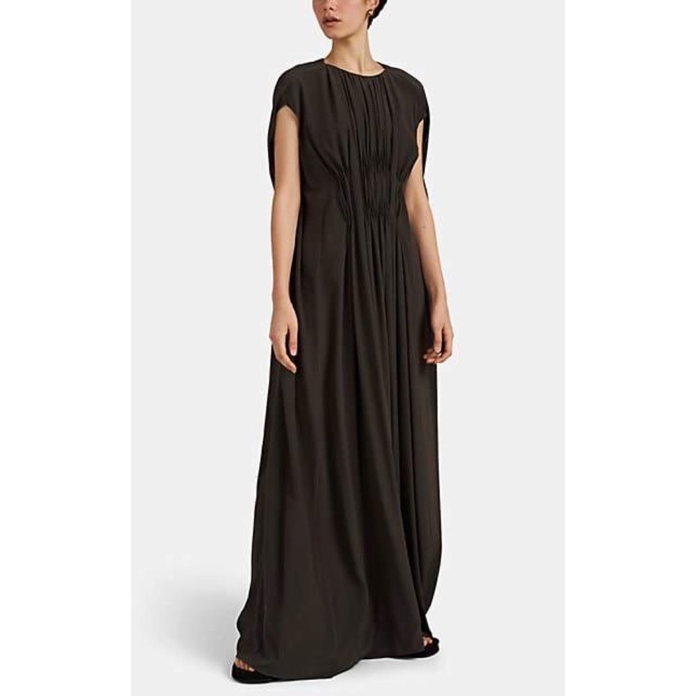 The Row Antonia Pleated Silk Crepe Gown Dark Green